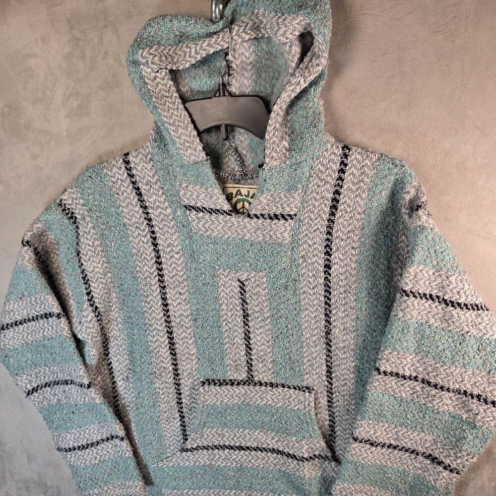 Baja Joe Hoodie Mens L Mint Green Gray Striped Drug Rug Earth Ragz Pullover Jerg